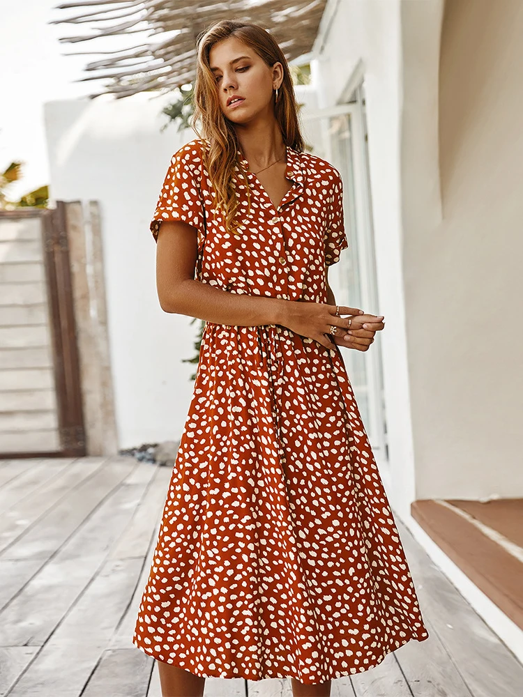 

Fashion Summer Dress Women 2022 Polka Dot Print High Waist Vinatge A-Line Dress Elegant Single Breasted Boho Midi Long Dress