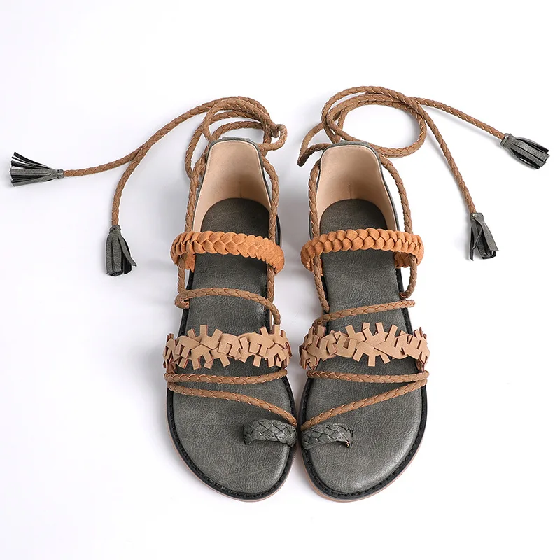 

Women Shoes Ladies Lace Up Sandals Roman Toe Rings Ladies Casual Lace Up Flat Beach Gladiator Holiday Fringe Brown Ethnic