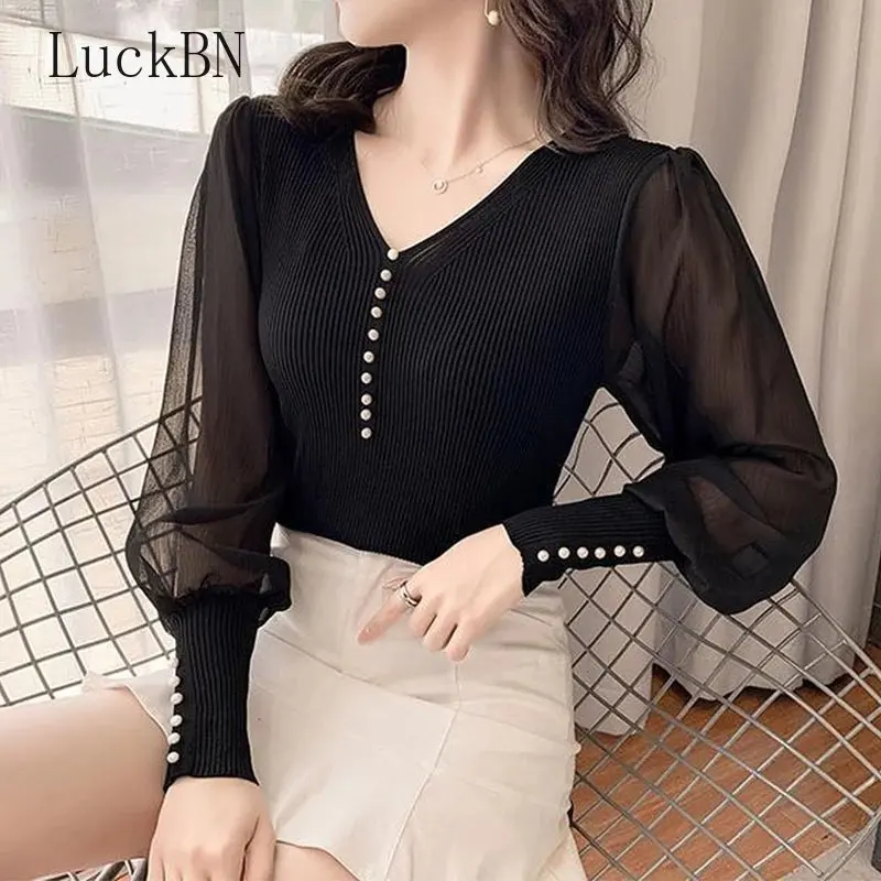 

Autumn Chiffon Splicing Knitted Pullovers Women Clothing 2022 New Office Lady Shirt Women's Clothing Chic T-Shirt Tops Korean