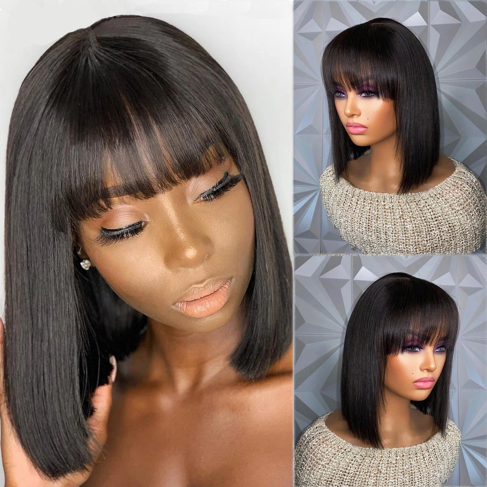 

Парик из 180 плотных прямых человеческих волос с челкой, парик Боб с тупым отверстием, парики из человеческих волос, парик для машинной работы