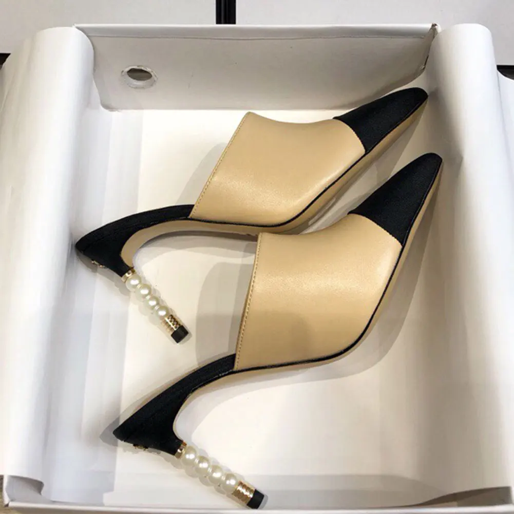 Brand New Great Quality 2023 Summer Pearls Genuine Leather Thin High Heels Women Mules Pumps Slip On Elegant Chic Party Shoes