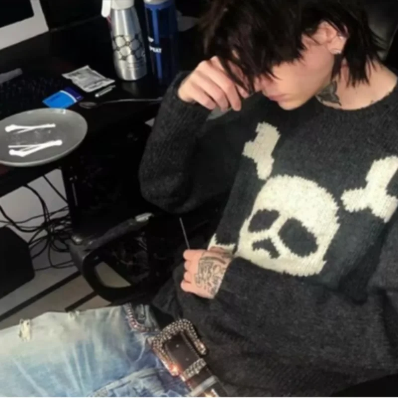 Акриловый пуловер унисекс в стиле хип-хоп с рисунком черепа свободный топ