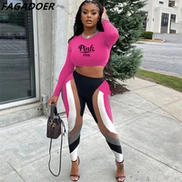 fagadoer street casual two piece set women sporty pink letter print crop top skinny patchwork leggings matching outfit tracksuit