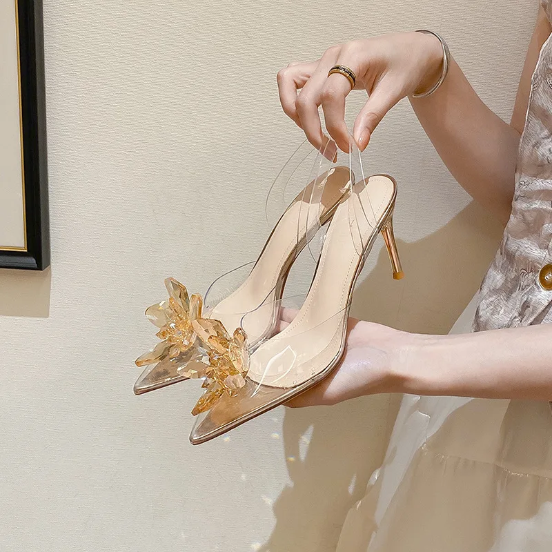 

2023 Summer New French Silver Rhinestone Transparent Straight Line with High Heels Sandals Women's Versatile Women's