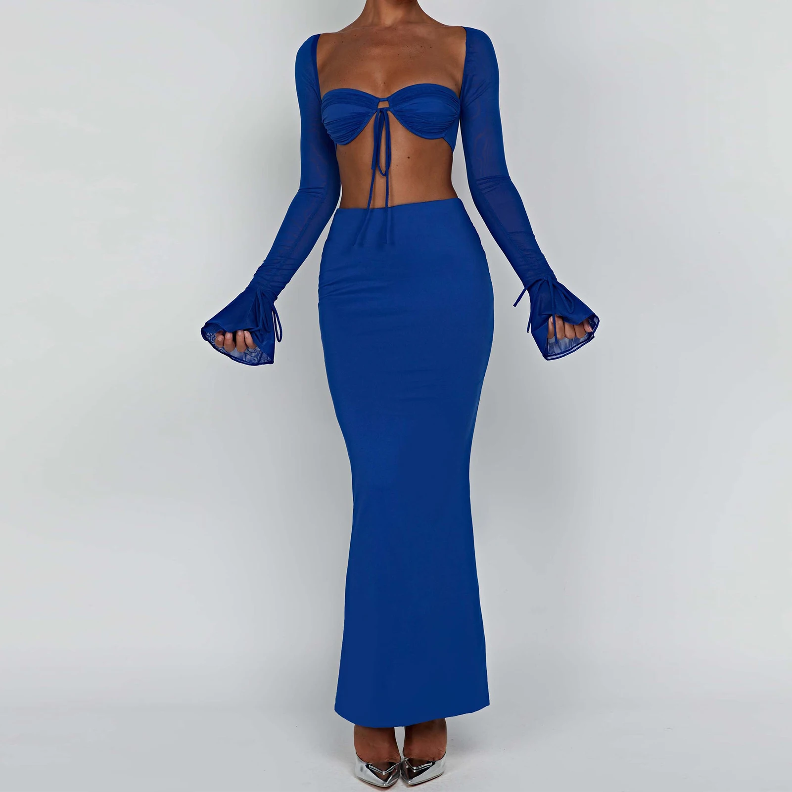 

Women Summer Sexy 2 Piece Skirt Sets Square Collar Flare Sleeve Top Striped Long Skirt Suit Fashion Party Outfits