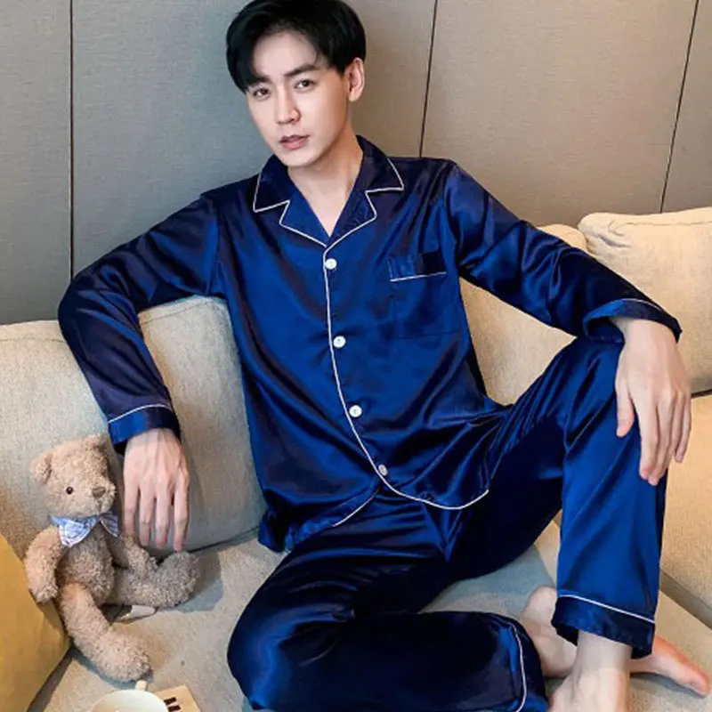 Men Pajama Sets Silk Satin Pijama Turn-down Collar Sleepwear Long Sleeve Spring Nightwear Male 2 Pieces Sets Homewear