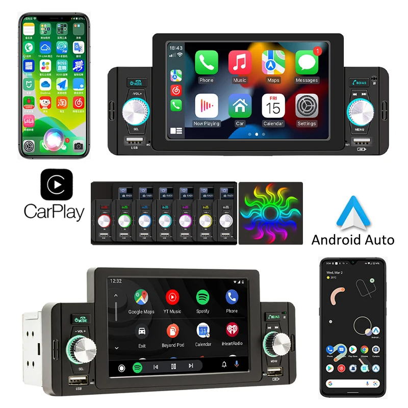 Автомагнитола 1 Din CarPlay Android-Auto MP5-плеер с поддержкой Bluetooth 5 &quotэкраном магнитола