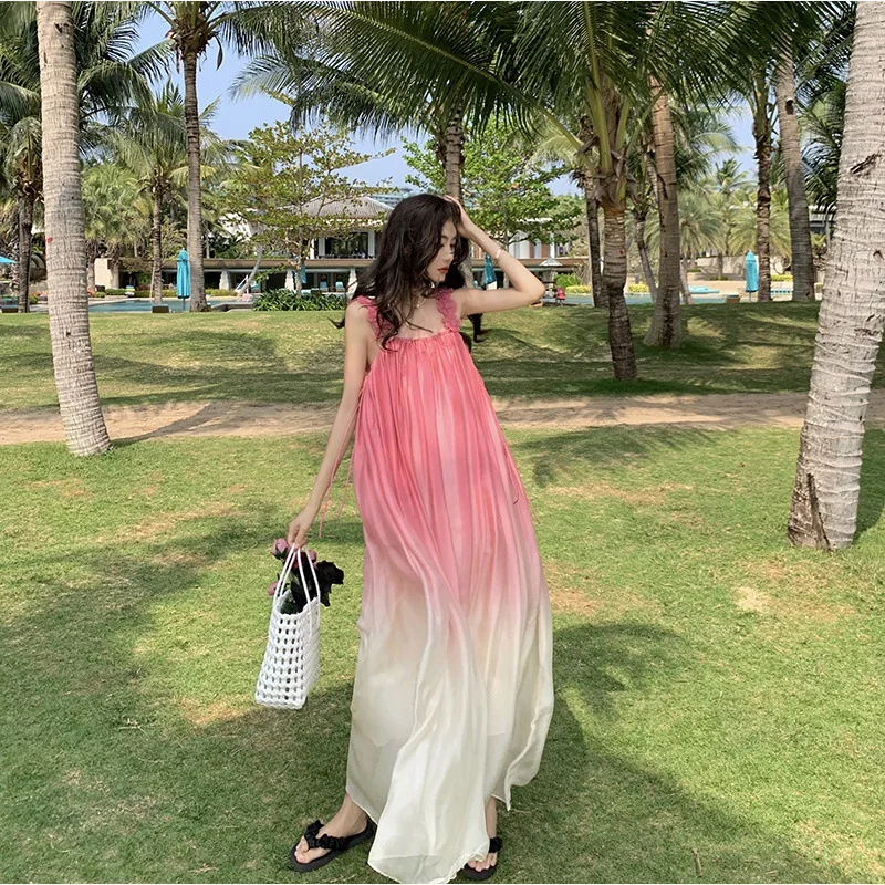 

2023 Holiday Beach Dress Women Loose Backless Pink Gradient Chiffon Long Dress Summer New Fairy Elegant Casual Sling Dress