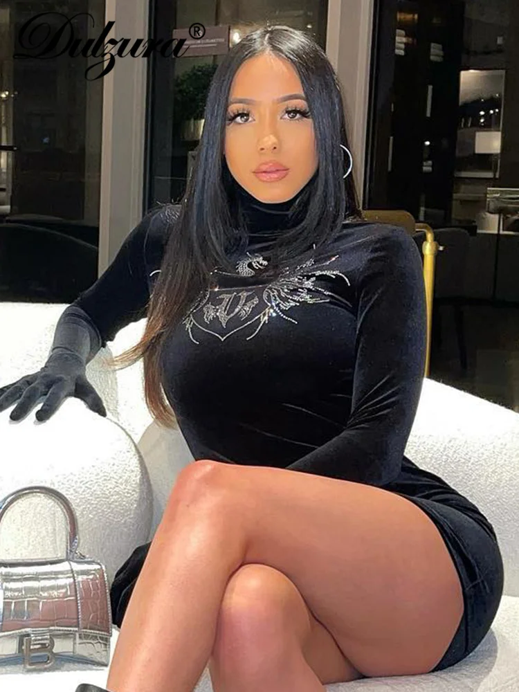 

Dulzura Autumn Velvet Sexy Y2K Clothes Long Sleeve Diamonds Bodycon Mini Dresses For Women 2022 Club Party Wear Elegant Outfits