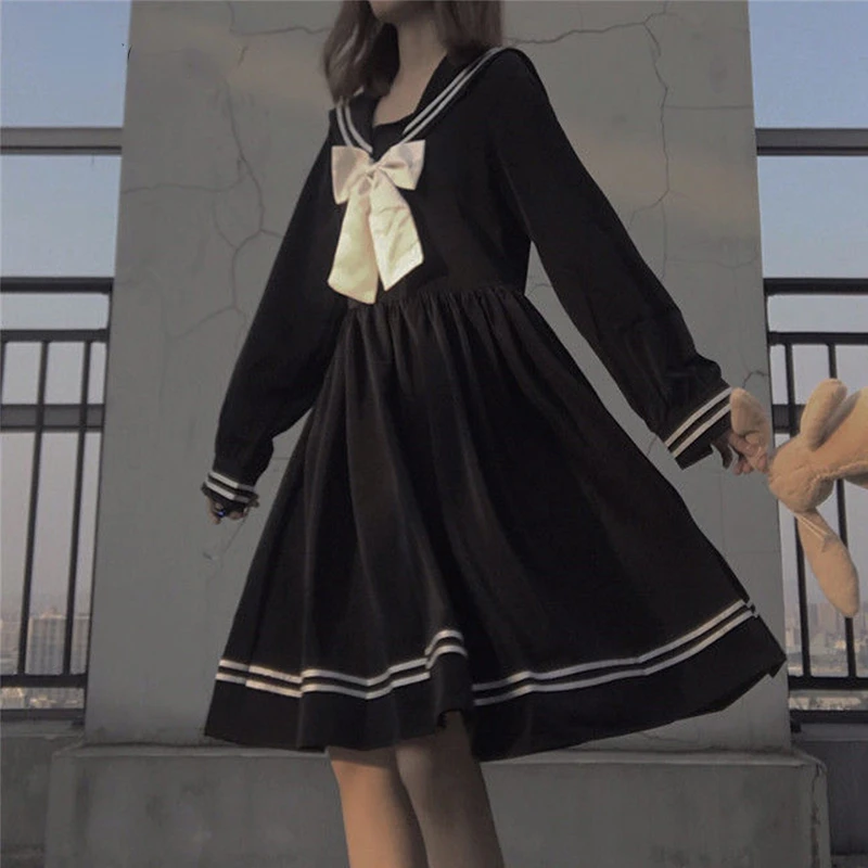 

Dresses Women Bow Patchwork Loose A-Line Fashion Jk Japanese Cute Empire Preppy Style Ins Sailor Collar Japanese All-match Black