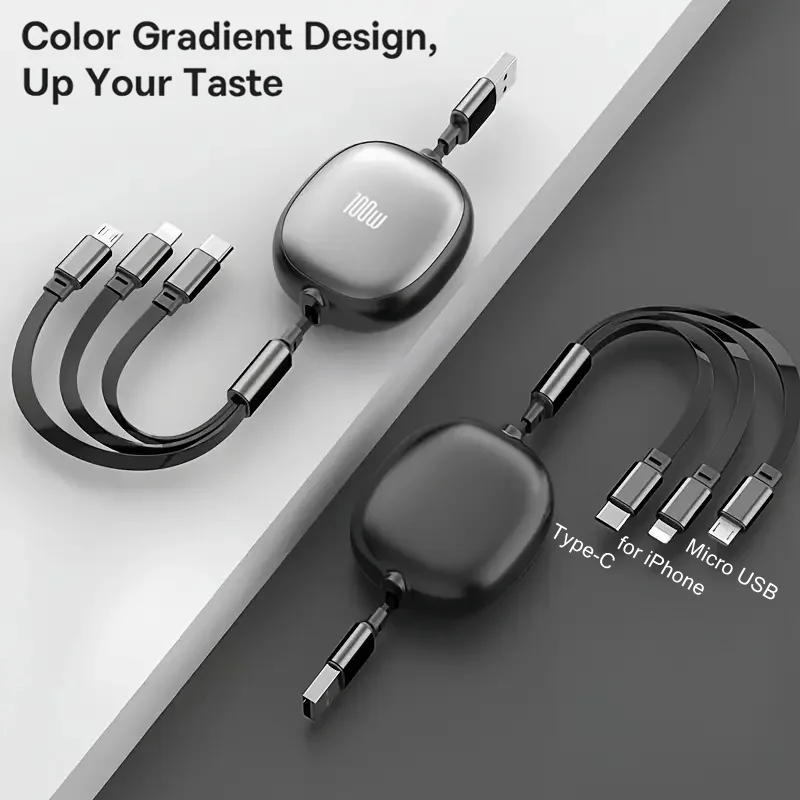 Фото Кабель 3 в 1, 100 Вт, USB на Type-C и Micro, с функцией быстрой зарядки и возможностью скручивания, для iPhone 14, 13, 12, 11 Pro Max, 7, 8, Samsung S24, Xiaomi. №3