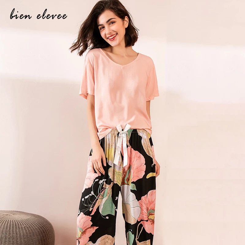 Summer Pajamas Set Women Sleepwear Female Casual Floral Printed Contrasting Color Pyjamas Tops with Long Trousers Home Clothing