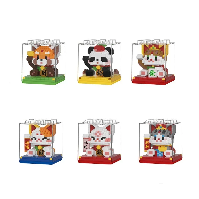 Lucky Animal Micro Building Blocks Lesser Panda Cat Maneki Neko Собранная 3D модель Мини-кирпичная фигурка