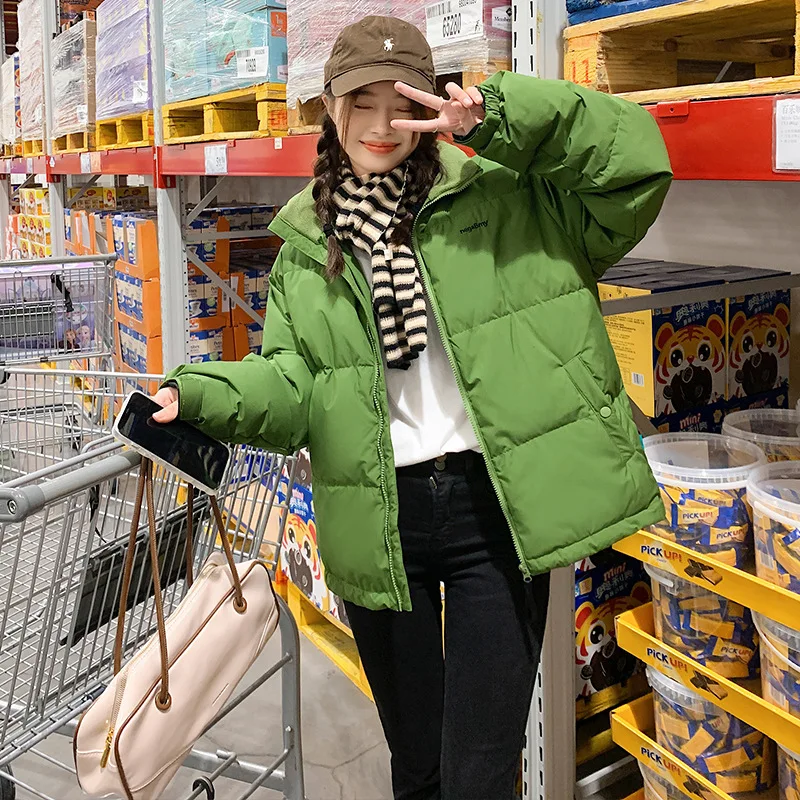 Green cropped down cotton jacket women's loose stand up collar bread suit winter coat