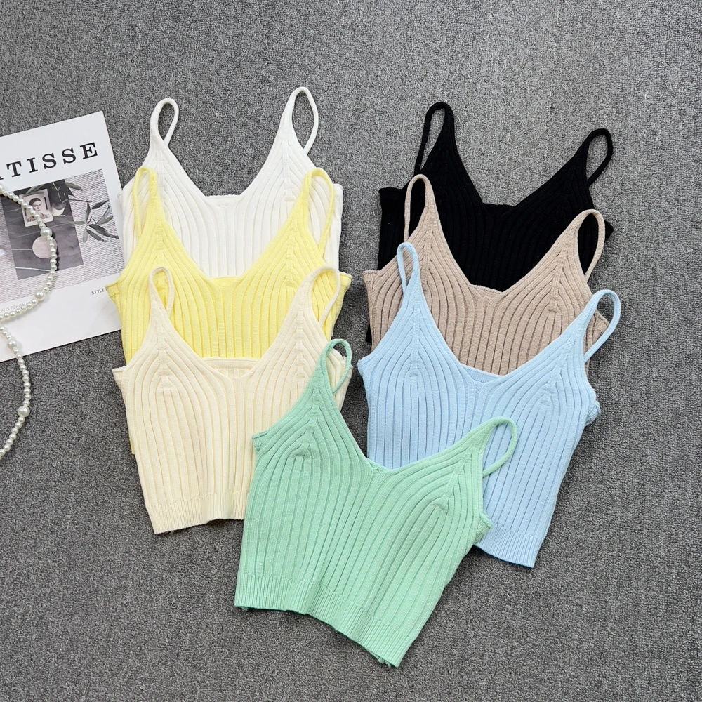 

2022 Summer Camisole Top Women's Super Short Knitted Vest Crop Top Women Fashion Harajuku Green Tops For Women
