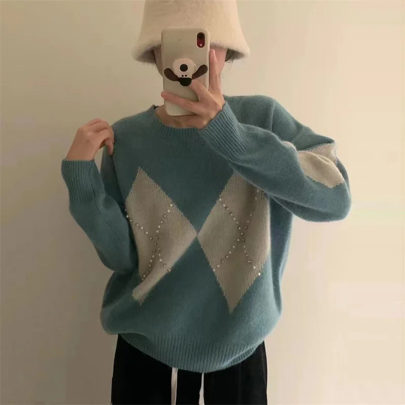 

Beaded pullover sweater women's autumn/winter new loose and skinny contrast diamond knit top