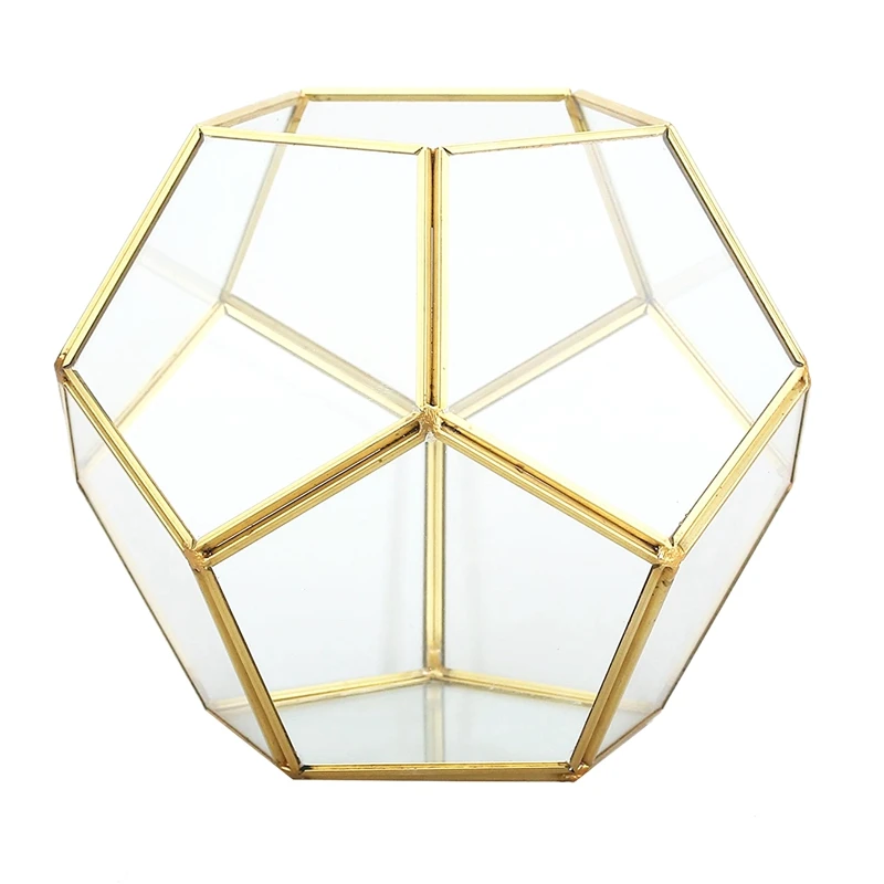 

Gold Brass Tabletop Geometric Pentagon Ball Shape Terrarium for Fern Moss Succulent Air Plant Holder Glass