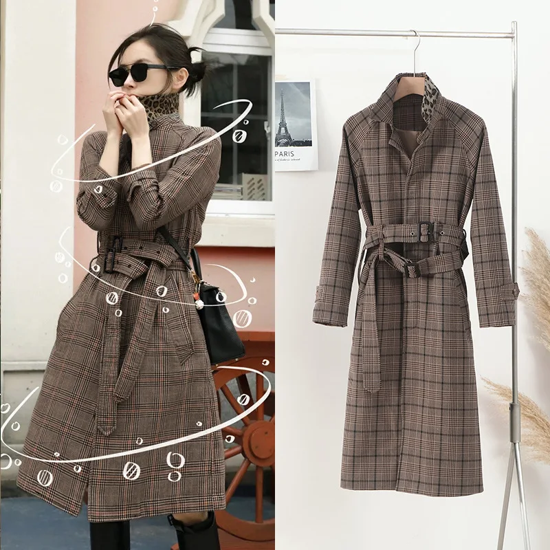 

[Stock] Wang Ziwen the same checkered coat autumn and winter new vintage fashion high-end mid-long trench coat women