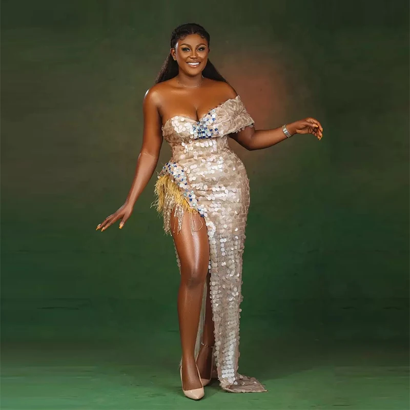 

Sparkly Sequined Off The Shoulder Prom Dresses Sexy High Split With Feather Evening Gowns Aso Ebi African Party Dress 2022