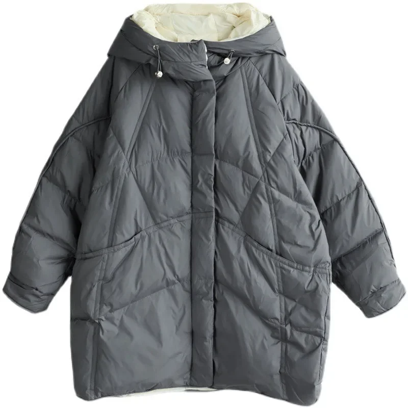 Пуховик женский средней длины с капюшоном теплая утепленная куртка на белом