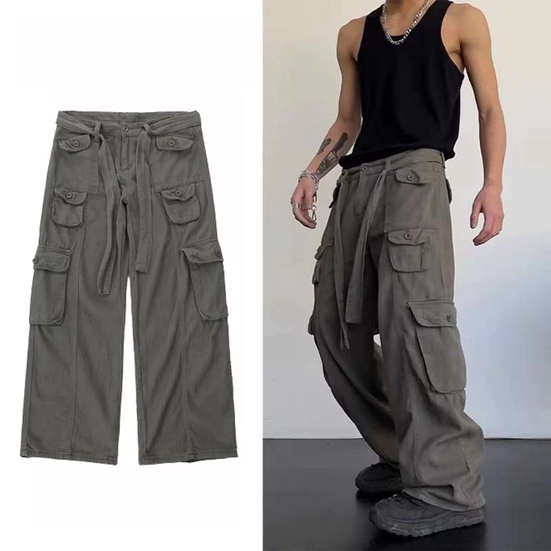 

Streetwear 2023 Spring Casual Retro Cargo Pants Men Multi-pocket Drawstring Straight Trousers Wide Leg Fashion Women's Pants