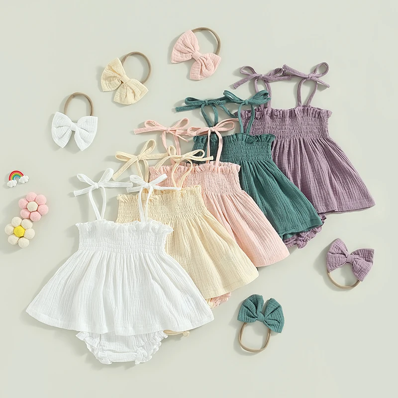 

0-24M Baby Girls Summer Clothes Set Sleeveless Tie Strap Dress Tops + Shorts + Headband Toddler Solid Color Casual Baby Outfit