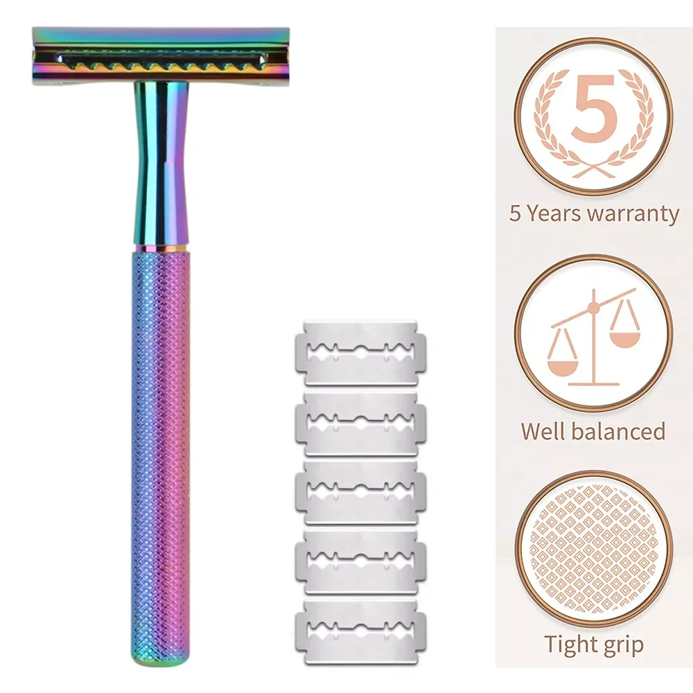 

NEW2023 Double Edge Safety Reusable Shaving With 5 Shaving Blades Eco Friendly Metal With Exquisite Handle (Rainbow)