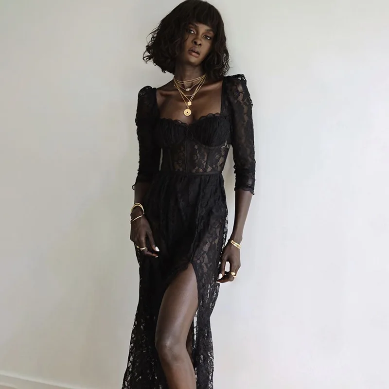 

2022 Y2k Fashion Party Vacation Beach Sexy Black Lace Long Dress Women's Spring Quarter Sleeve Mid-Calf Dresses Clubwear