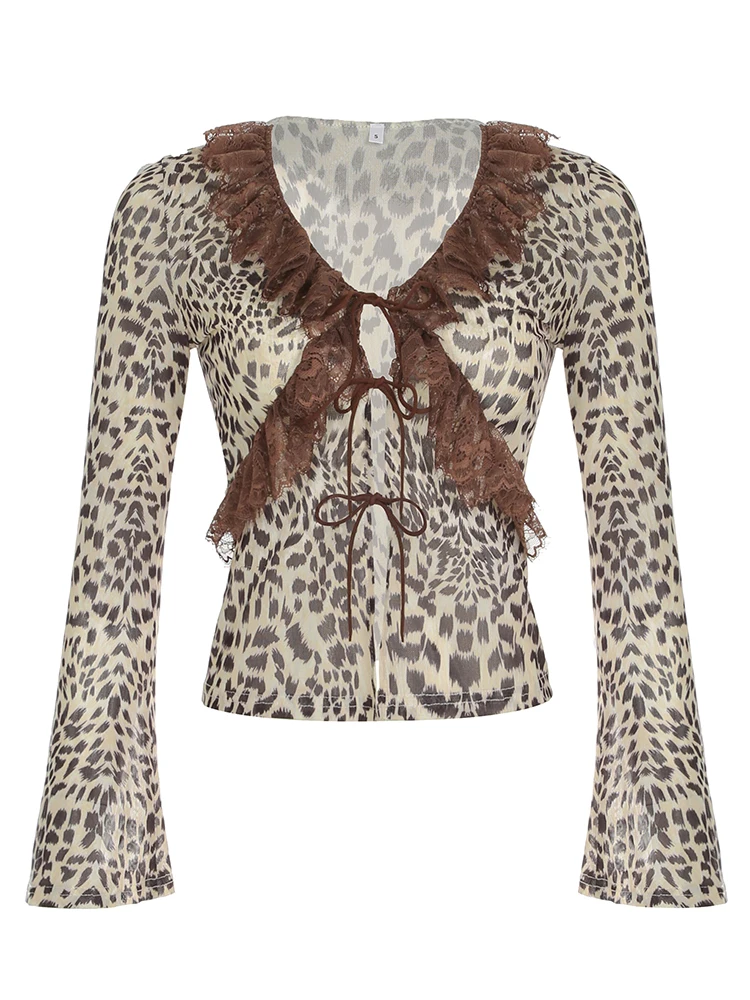 Rockmoer Сетчатые рубашки с леопардовым принтом Сексуальные прозрачные женские