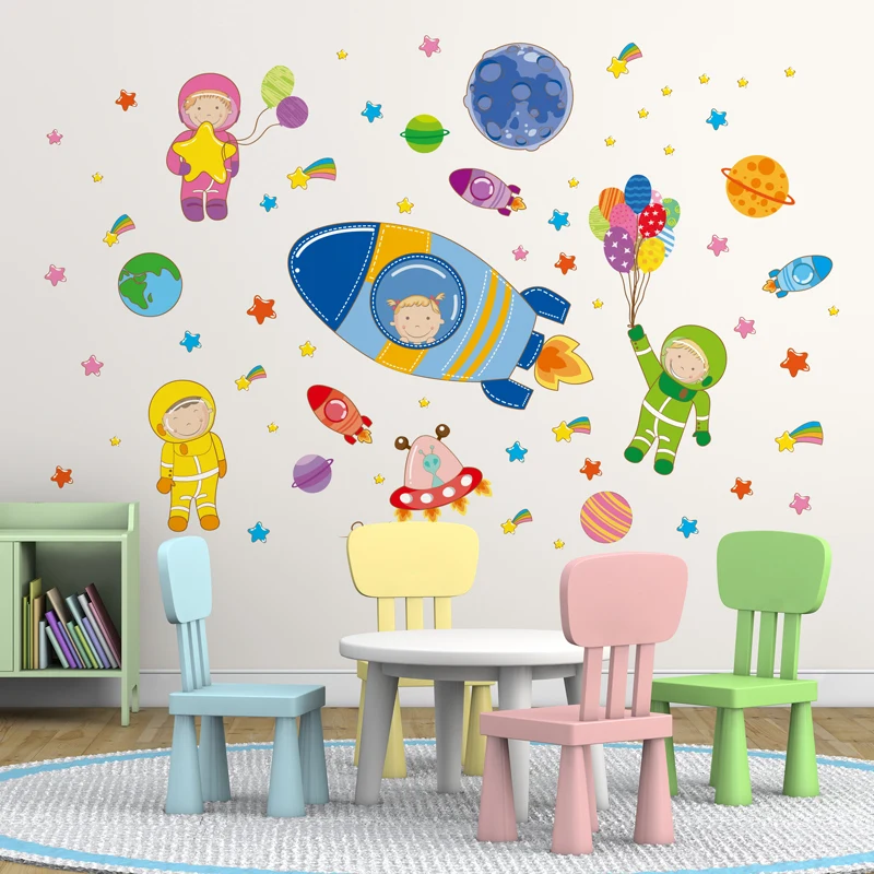 

[SHIJUEHEZI] Astronauts Rockets Wall Stickers DIY Cartoon Planets Wall Decals for Kids Rooms Baby Bedroom Home Decoration