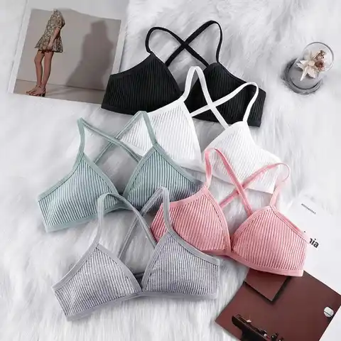 Bras For Women Deep V-Neck Triangle Cup Cross Beauty Back Ribbed Women Bra Student Thin Sport Style Solid Color Bralette Bra
