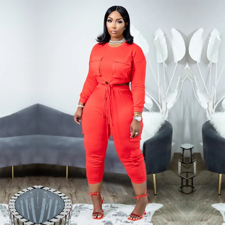 

Женский Повседневный костюм из двух предметов, однотонный пикантный Топ с длинным рукавом и круглым вырезом и штаны на резинке, облегающий ...