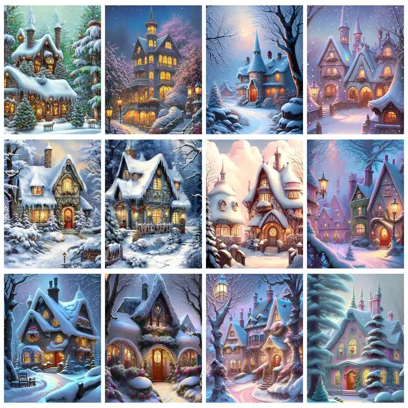 

RUOPOTY Painting By Numbers For Beginner Kits Snow House Picture Drawing Landscape Art supplies Painting Decor