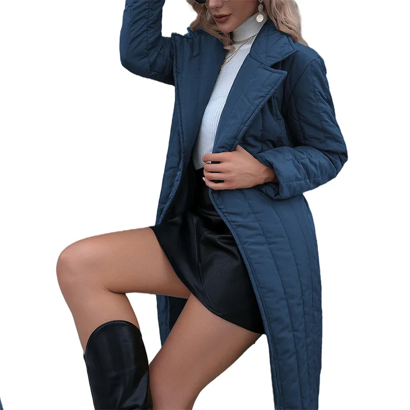 New slim and slim long cotton-padded clothes with solid color temperament Belt lapel thick warm polyester fiber women's coat