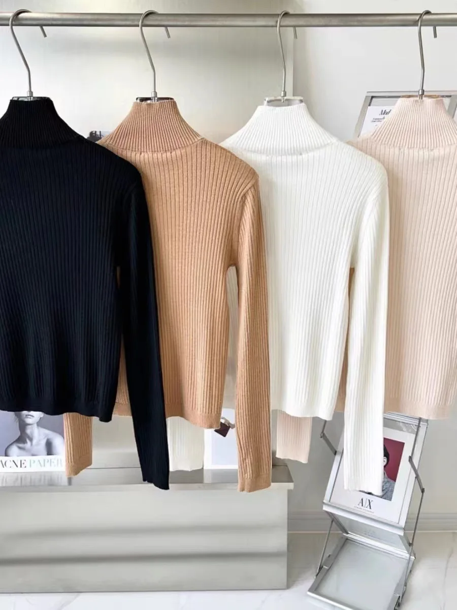 

2023 Autumn Winter Women's Turtleneck Sweater All-Match Long Sleeve Solid Color Slim Ladies Pit Stripe Knit Pullover