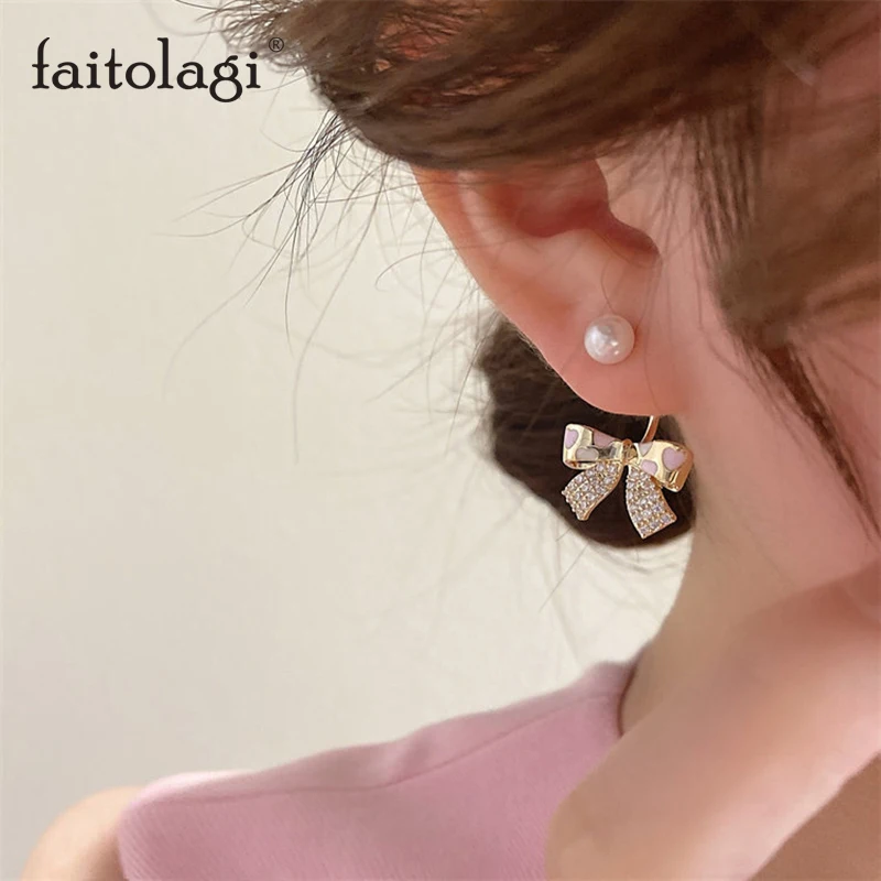 

Летние милые розовые серьги с бантом, серебряные серьги с жемчугом, милые подходящие ко всему женские серьги-гвоздики с нежным дизайном из ц...