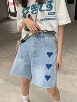 summer women high waist jeans shorts heart embroidered korean fashion baggy straight five points trousers girl knee length pants