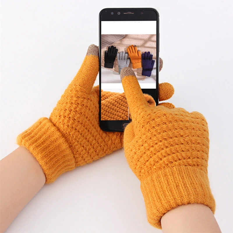 

Autumn Winter Touch Screen Women Cute Printed Wool Knitted Full Finger Mittens Fashion Gloves Touch Screen Driving Glove