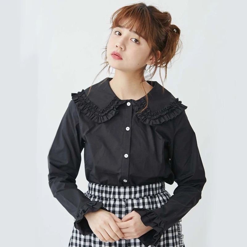 

Женская хлопковая блузка с оборками, милая рубашка с воротником «Питер Пэн» и длинным рукавом, белый и черный топы на весну и осень