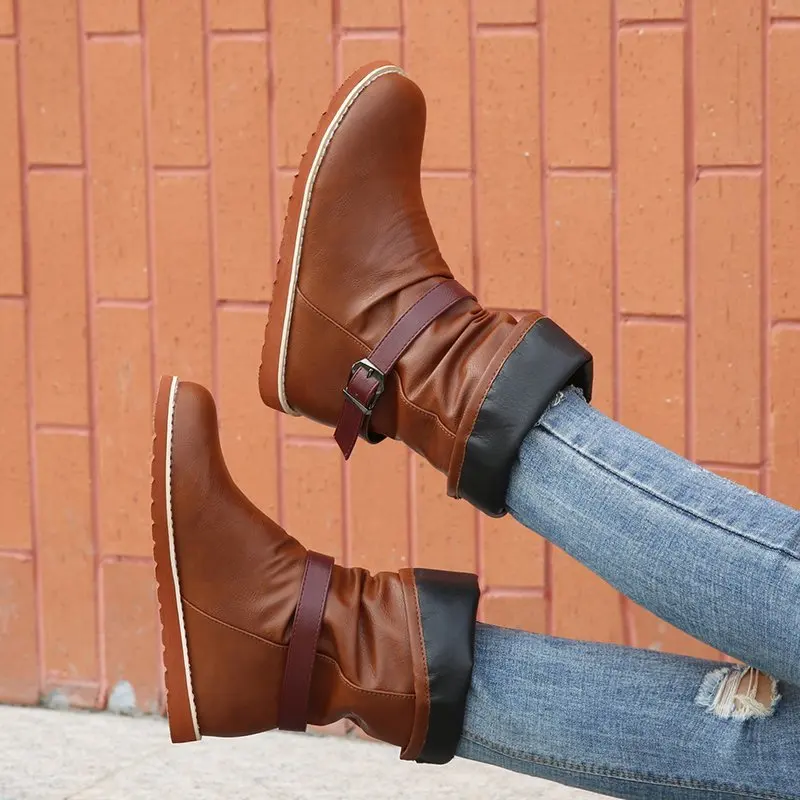 Large Size Women's Shoes 2022 Autumn New Buckle Retro Thick Bottom Non-slip Wear-resistant Middle Boots Women Cowboy Boots