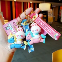 cute small white rabbit rainbow horse keychain girl heart pink unicorn pendant keyring children bag gifts women car accessories