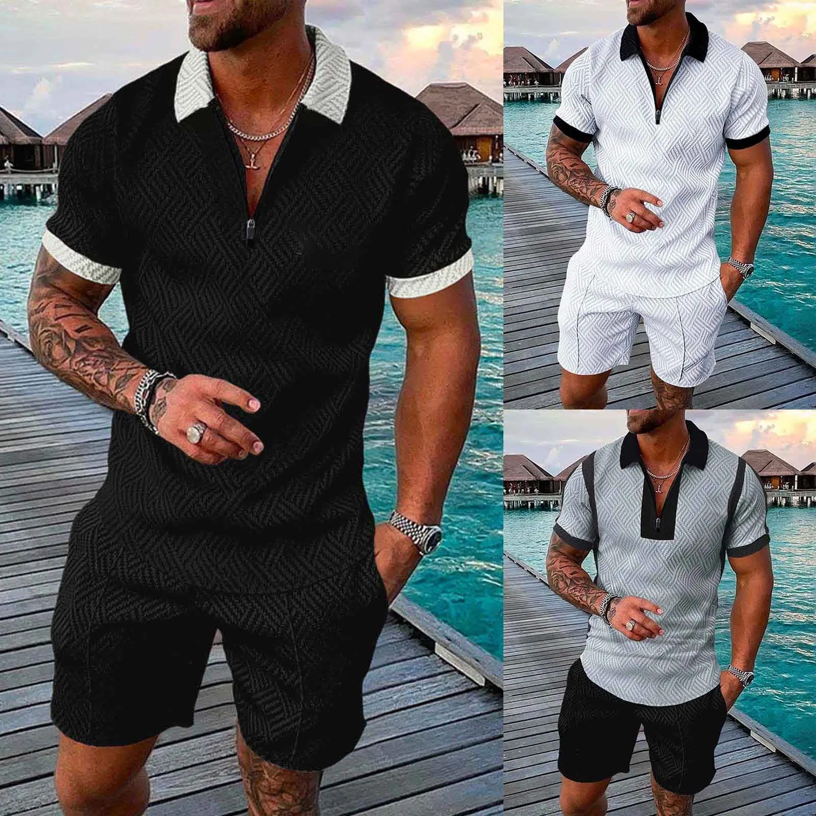 

Male Summer Casual Print Zipper Turn Down Collar Blouse Short Sleeve Tops Shirt Shorts Outfits Mens Tall Suits Luge Suit