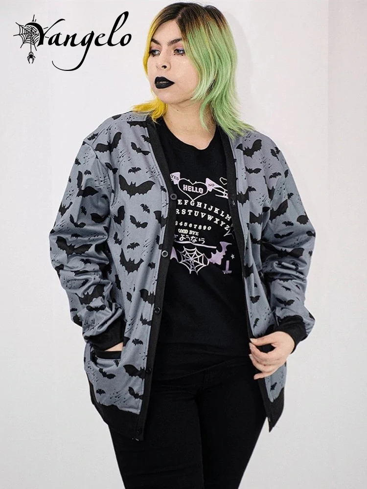 Yangelo Gothic Black Bat Print Ladies Jacket Fall 2022 Loose Casual Zip-Up Top Y2K Party Fashion Top