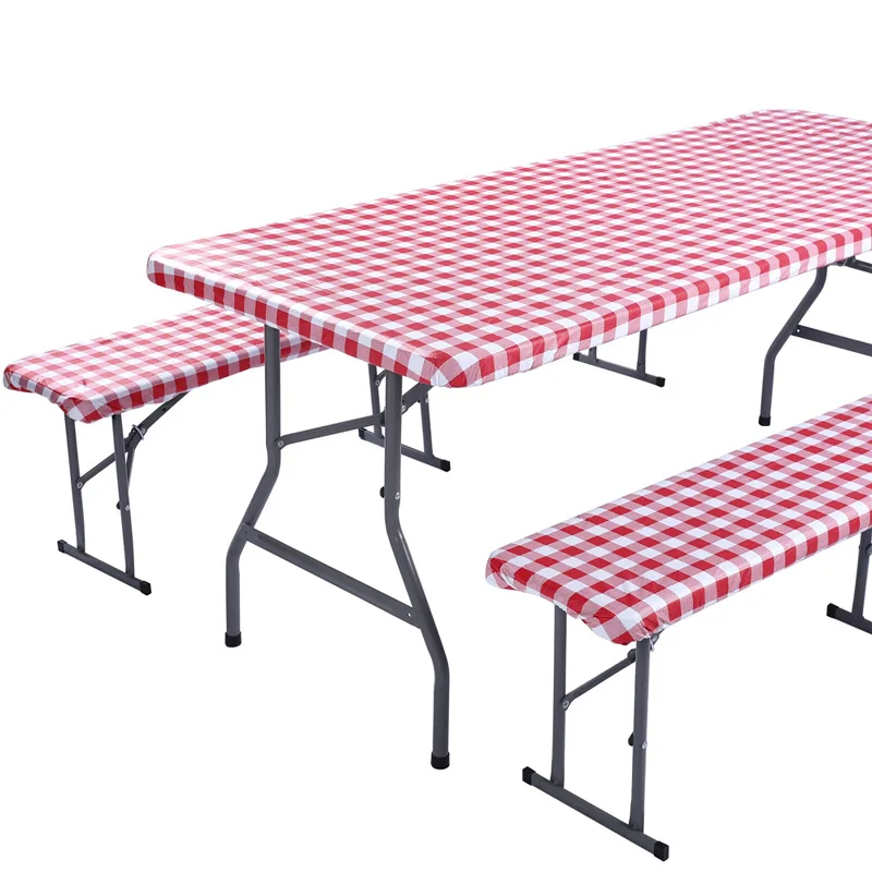

3PCS/Set Picnic Table and Bench Fitted Tablecloth Cover,Elastic Waterproof Flannel Backing Vinyl Tablecloth For Picnic, Camping