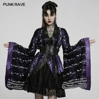 PUNK RAVE Women's Exquisite Embroidered Lace Loose Fit Kimono Coat Large Bow Waist Belt black-violet Party Club Dress Outwear