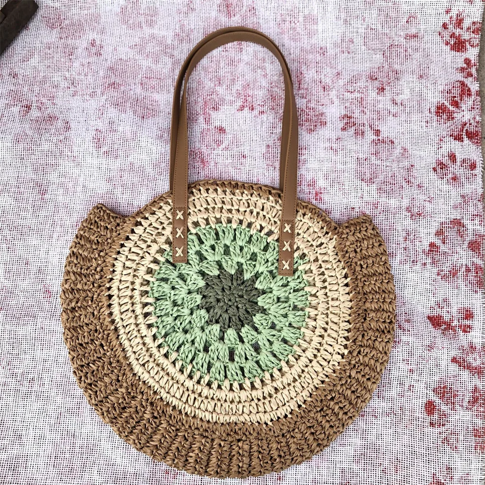 

Boho Round Straw Shoulder Bags Women Fashion Versatile Woven Handbags Female Casual Vintage Summer Beach Vacation Shoulder Bag