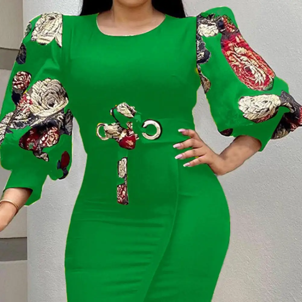 

Autumn Dress Women 3/4 Puff Sleeve Hip Wrap Split Hem Embroidery Floral Print Waist Tied Bodycon Midi Dress Party