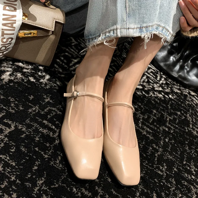 MKKHOU Fashion Pumps New High Quality Genuine Leather Vintage Mary Jane Shoes Square Toe High Heels Flat Shoes Lightweight Shoes