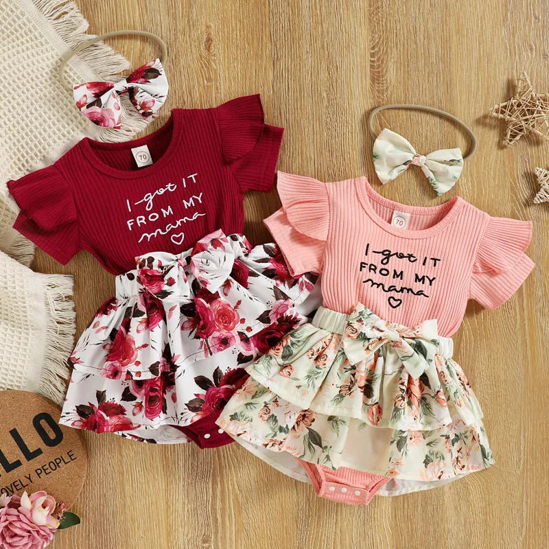 

Summer New born baby clothes Toddler Girl Clothing Letters Pit Strip Flying Sleeve Print Bow Yarn Skirt Jumpsuit newborn outfit