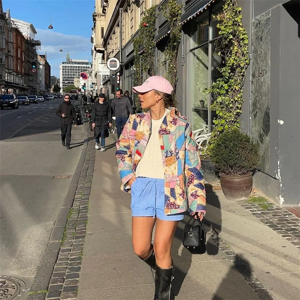 

Women Patchwork Print Cotton Jacket Autumn Casual Long Sleeve Spliced Thick Winter Coat Female Colorful Street Overcoat